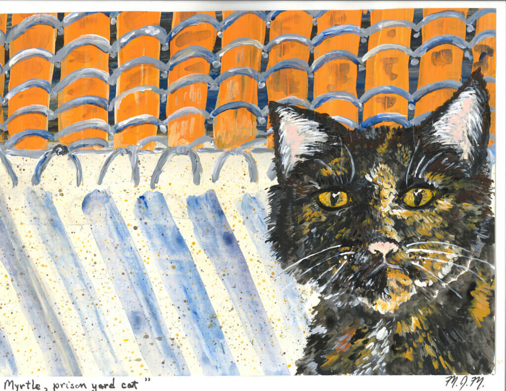 Painting of a cat in a prison yard